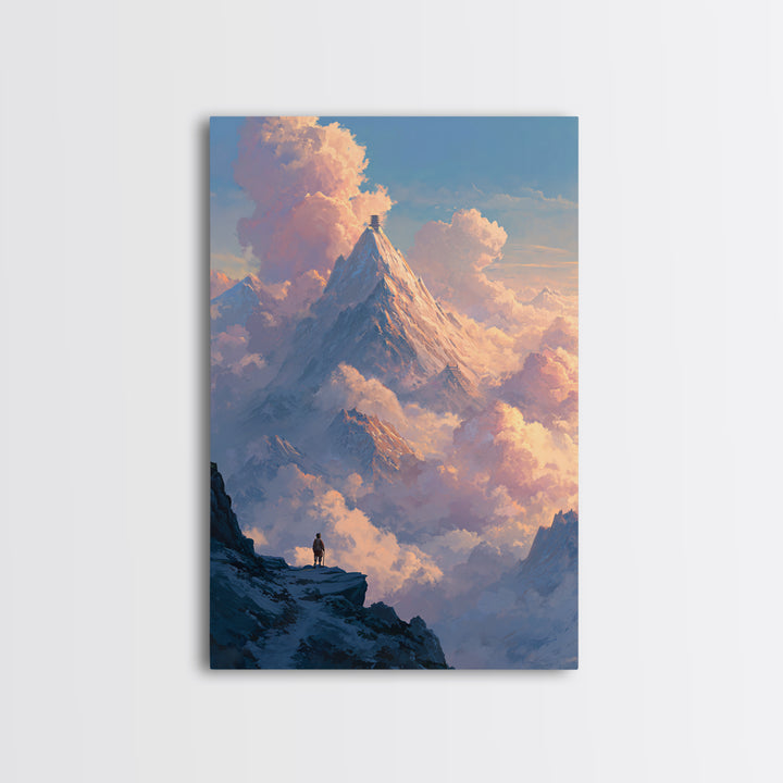 Epic Mountain Landscape With Pilgrim And Tower Framed Canvas Print Majestic Nature Wall Art Dramatic Sky Wall Decor