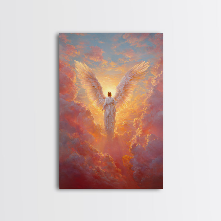 Glowing Angel In Radiant Sunset Sky Symbolic Spiritual Painting Wall Art Framed Canvas Print