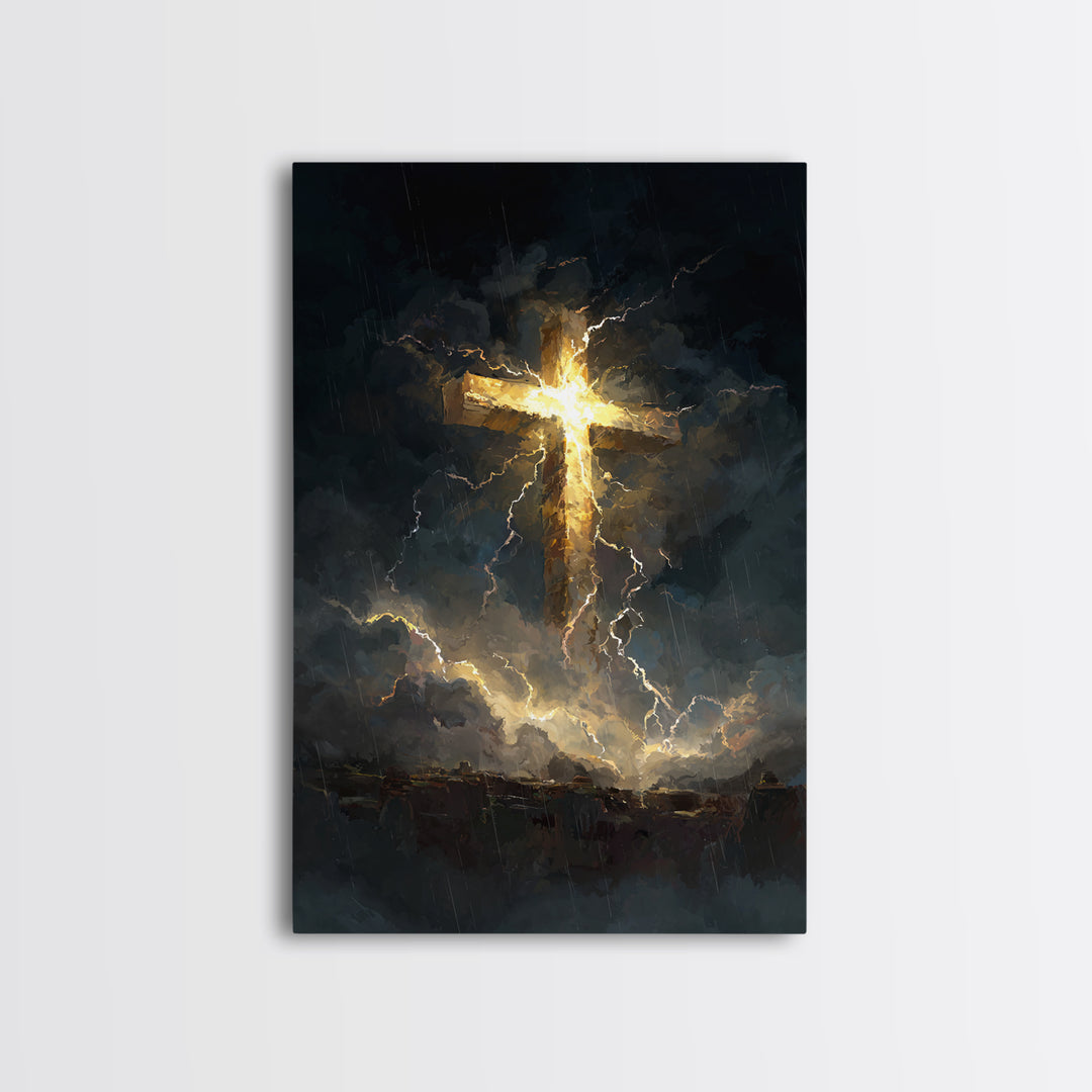 Powerful Cross Illuminated In Stormy Dark Sky Christianity Religious Wall Art Framed Canvas Print