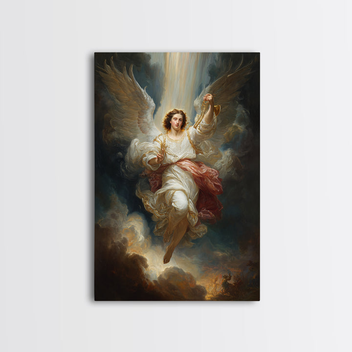 Radiant Angel In White Robes With Gold Accents And Warm Glowing Light - Framed Canvas Print For Home Decor
