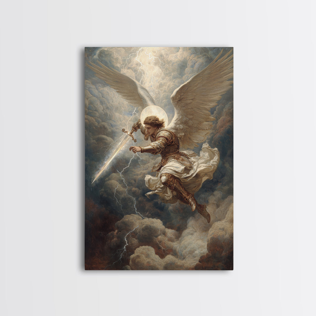 Majestic Archangel With Sword In Stormy Skies Wall Art Framed Canvas Print For Spiritual Home Decor