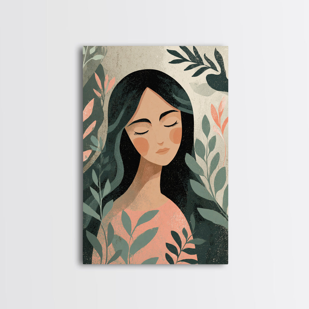 Serene Botanical Woman Portrait Wall Art, Feminine Boho Decor, Modern Illustration Print, Nature Inspired Art, Gift For Her