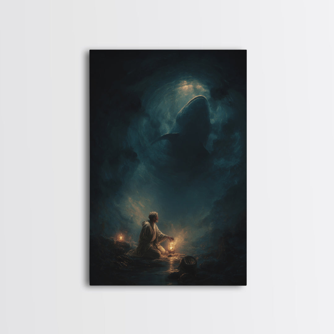 Underwater Dark Shark Illustration Mystical Ocean Scene Moody Wall Art - Canvas Print For Nautical Living Room Decor