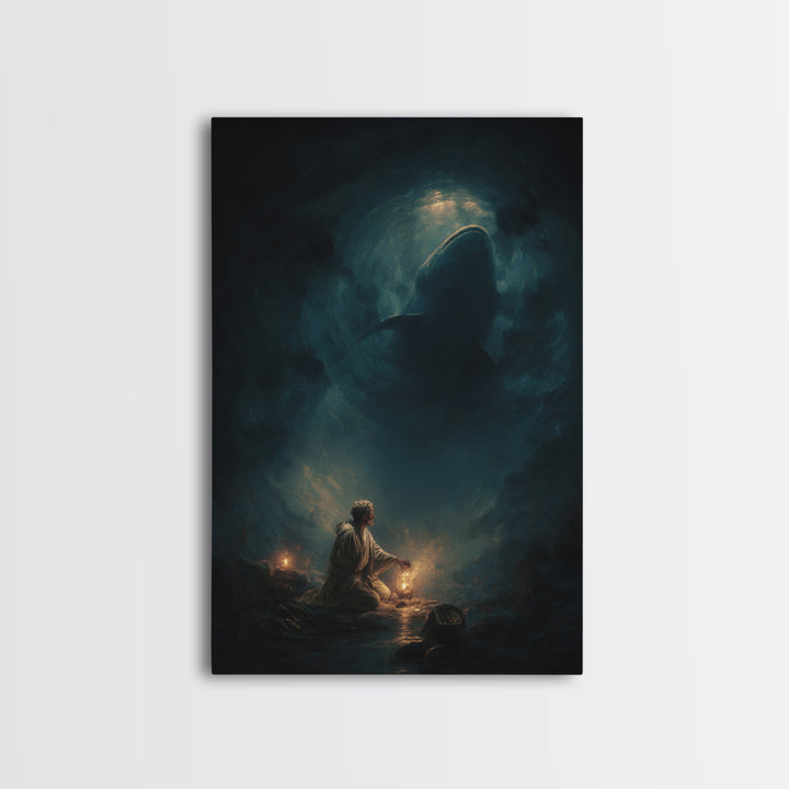 Underwater Dark Shark Illustration Mystical Ocean Scene Moody Wall Art - Canvas Print For Nautical Living Room Decor