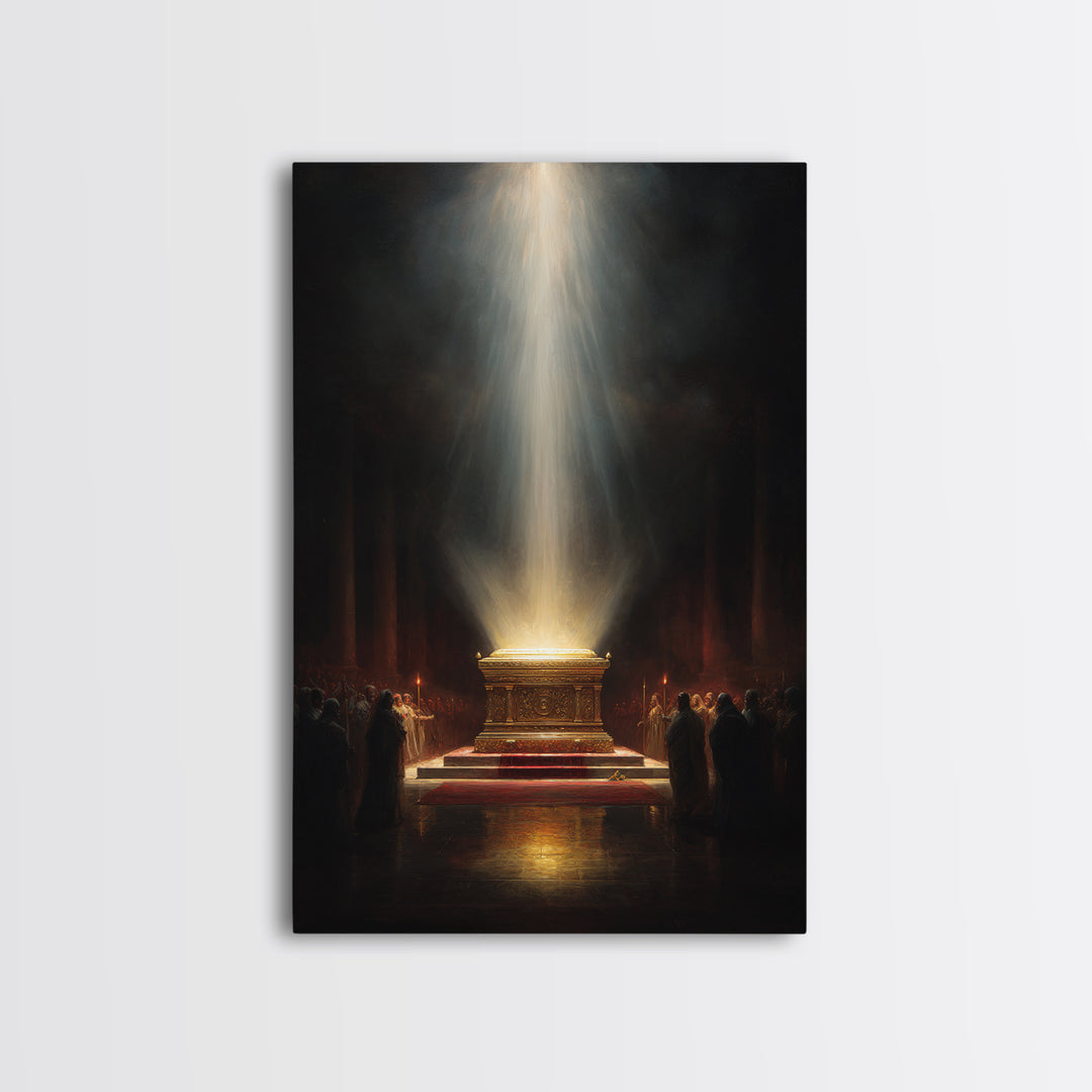Golden Glowing Ark Illuminated By Light Rays Wall Art Framed Canvas Print For Religious Home Decor Gift