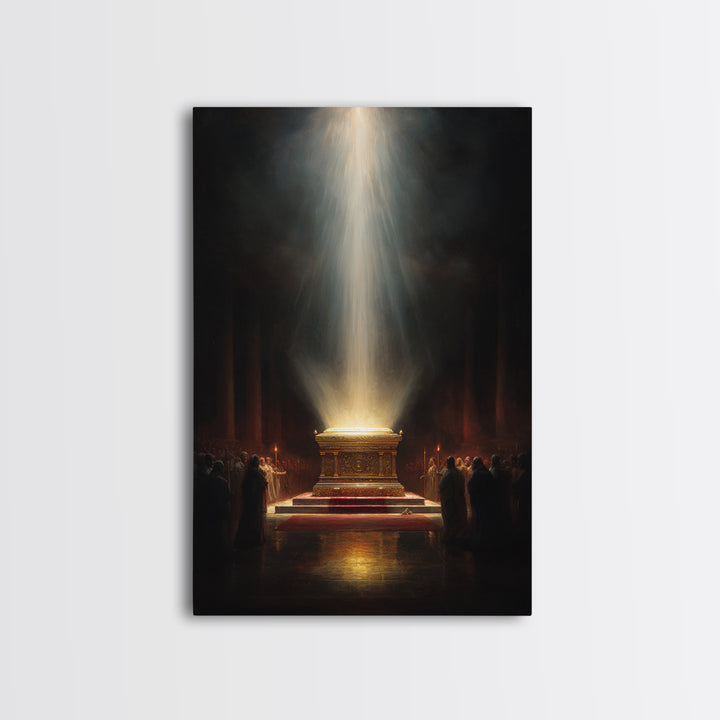 Golden Glowing Ark Illuminated By Light Rays Wall Art Framed Canvas Print For Religious Home Decor Gift