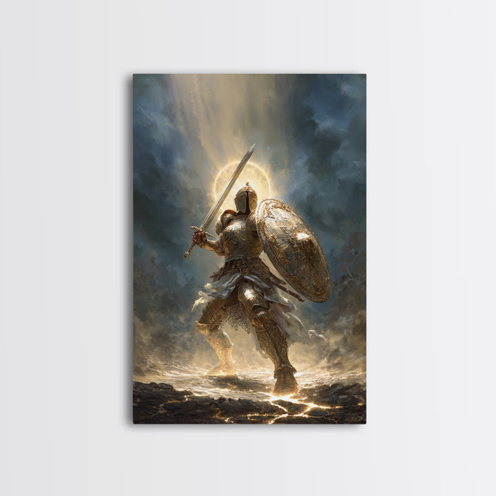 Heroic Knight In Golden Armor Digital Painting Canvas Print Wall Art For Medieval Decor And Fantasy Room Accent