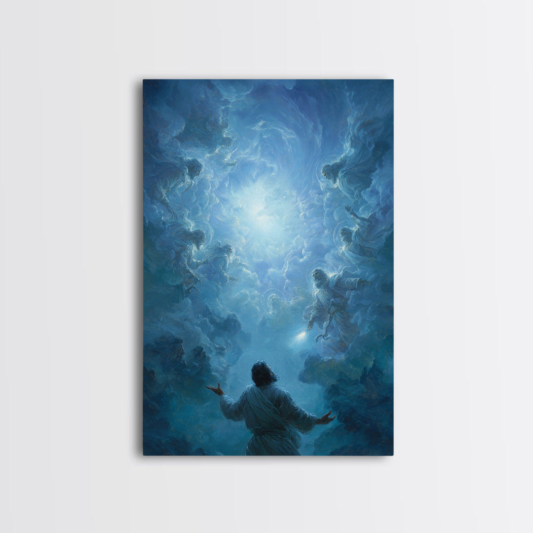 Celestial Encounter With Divine Figures In Blue Sky Spiritual Wall Art Framed Canvas Print For Home Decor