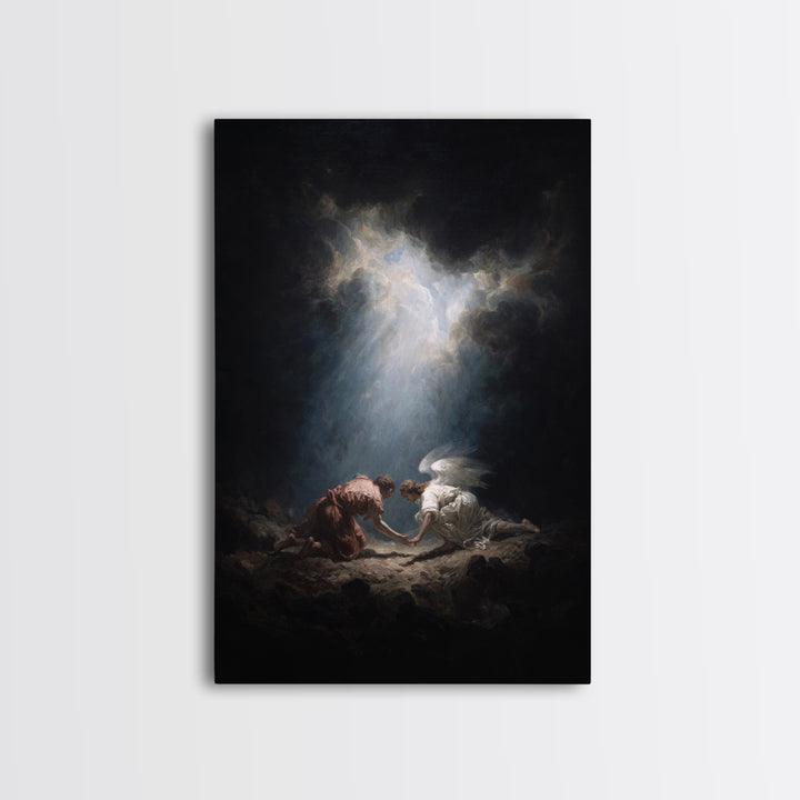 Mystical Religious Scene Angel And Figure In Light Rays Spiritual Wall Art Framed Canvas Print Calming Fine Art For Bedroom Decor