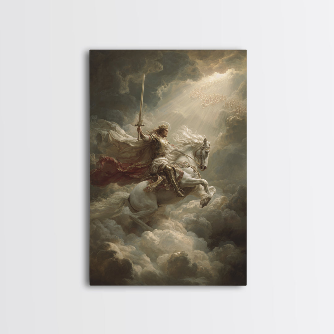 Majestic Knight On White Horse Charging Through Clouds Oil Painting Canvas Print For Romantic Bedroom Decor And Fantasy Art