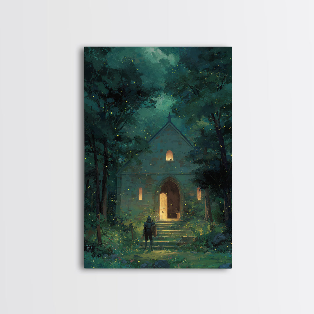 Knight Approaching Enchanted Forest Chapel With Fireflies At Dusk Wall Art Framed Canvas Print For Bedroom Decor