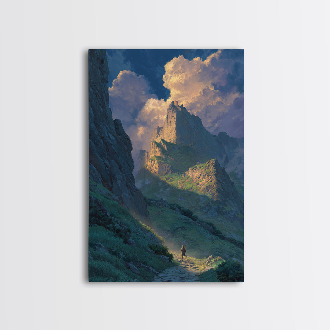 Epic Mountain Landscape With Brave Knight Walking Path Dramatic Sky Fine Art Canvas Print For Living Room