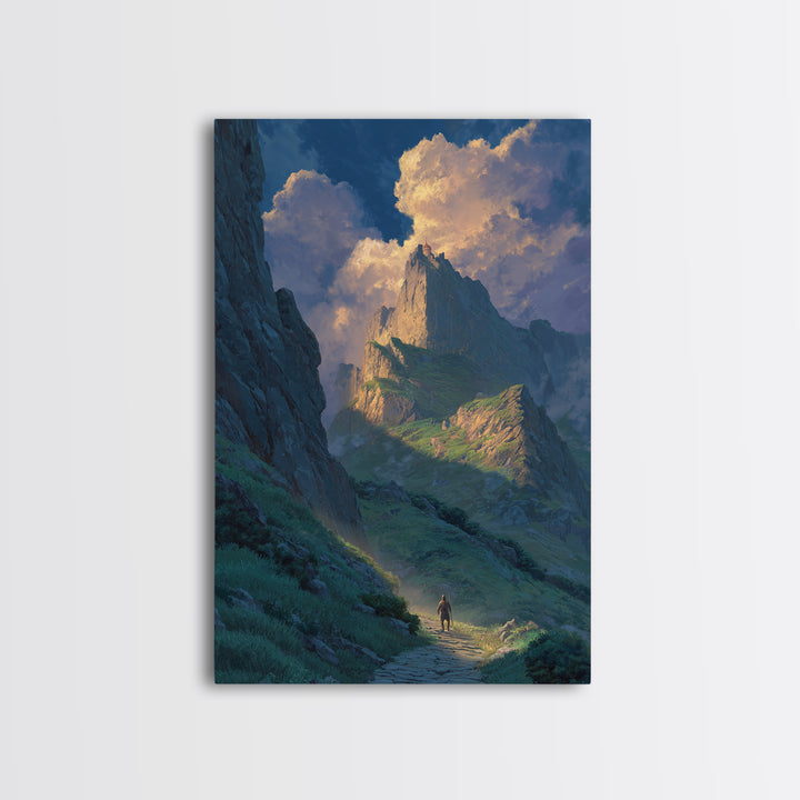 Epic Mountain Landscape With Brave Knight Walking Path Dramatic Sky Fine Art Canvas Print For Living Room