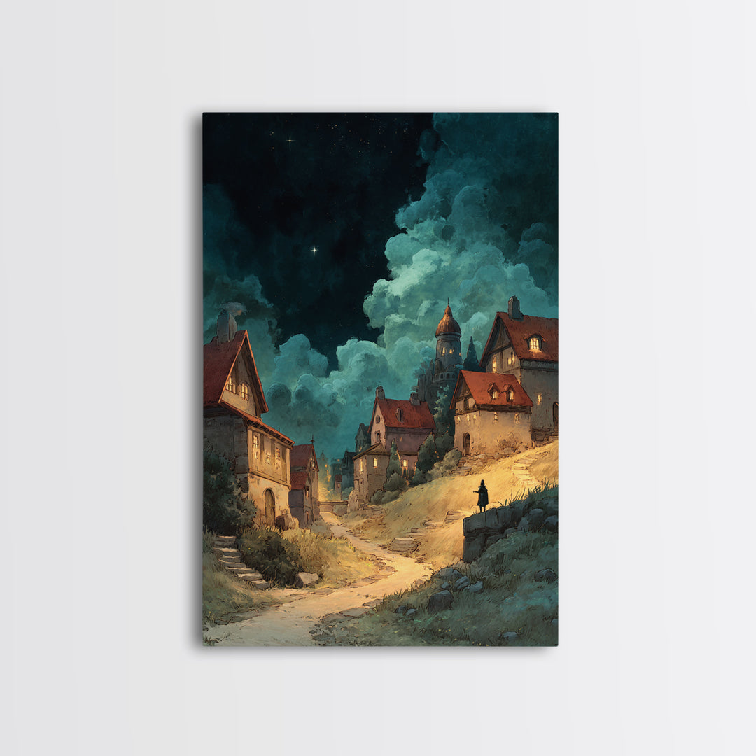 Fantasy Village Landscape With Glowing Lights At Night Framed Canvas Print Large Wall Art For Living Room