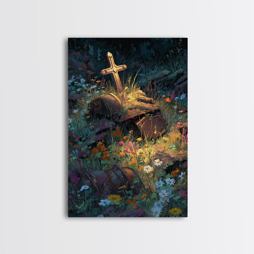 Overgrown Ruins With Flowers Fantasy Landscape Digital Painting Wall Art Canvas Print Unique Nature Inspired Home Decor
