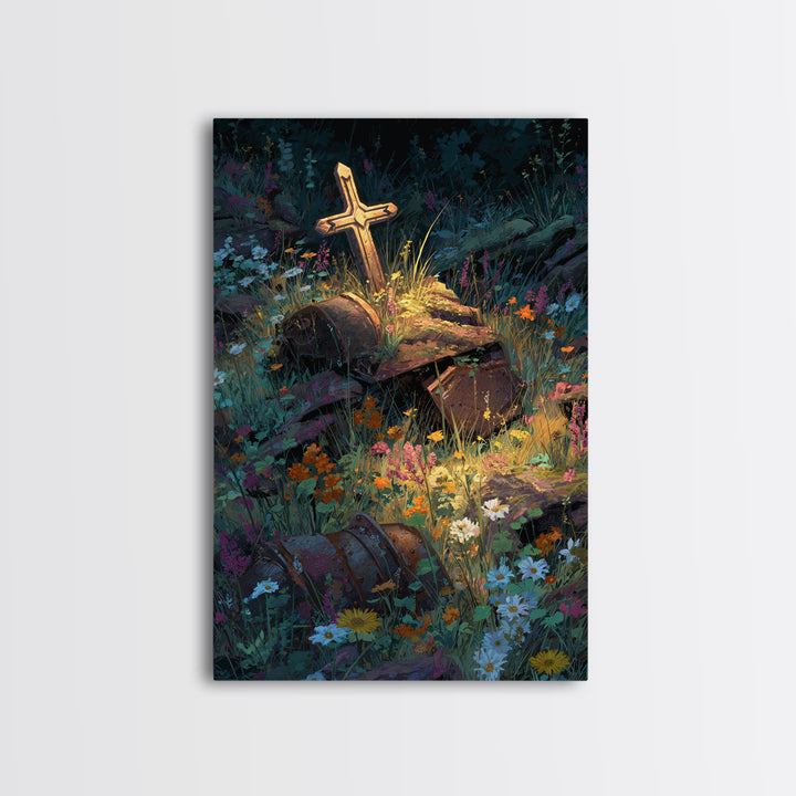 Overgrown Ruins With Flowers Fantasy Landscape Digital Painting Wall Art Canvas Print Unique Nature Inspired Home Decor