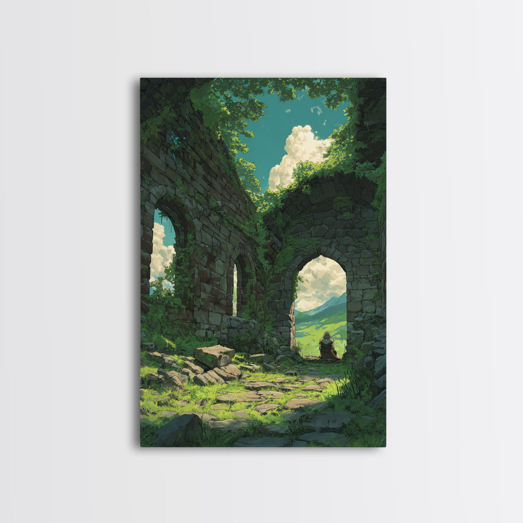 Mystical Forest Ruins With Lush Greenery And Blue Sky Fantasy Digital Art Wall Art Canvas Print For Nature Lovers