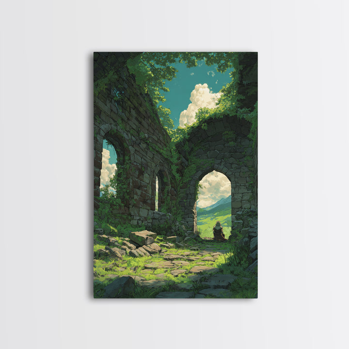 Mystical Forest Ruins With Lush Greenery And Blue Sky Fantasy Digital Art Wall Art Canvas Print For Nature Lovers