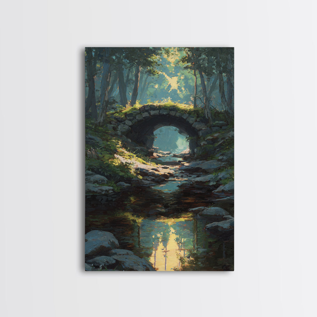 Serene Forest Path Under Stone Bridge With Dappled Sunlight Original Oil Painting Wall Art Framed Canvas Print