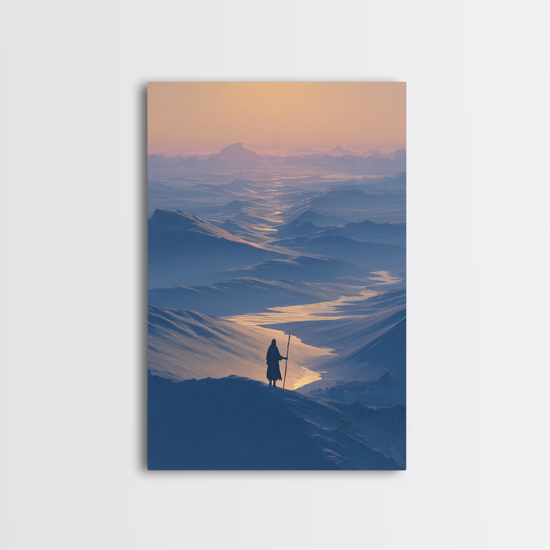 Serene Blue Mountain Landscape With Lone Traveler Canvas Print Tranquil Wall Art Framed Home Decor