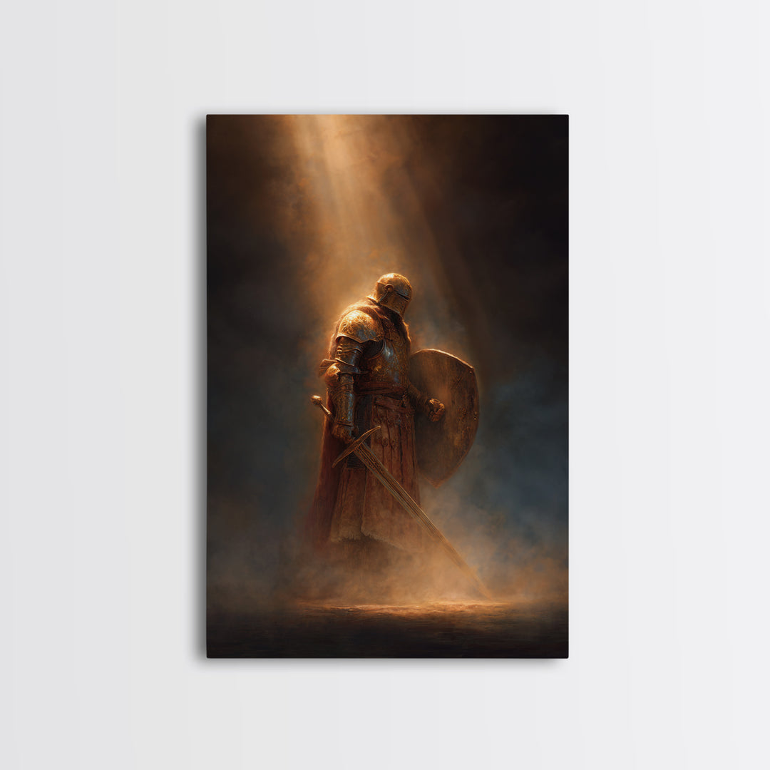 Knight With Sword And Shield Medieval Artwork Dark Fantasy Wall Art Decor Framed Canvas Print