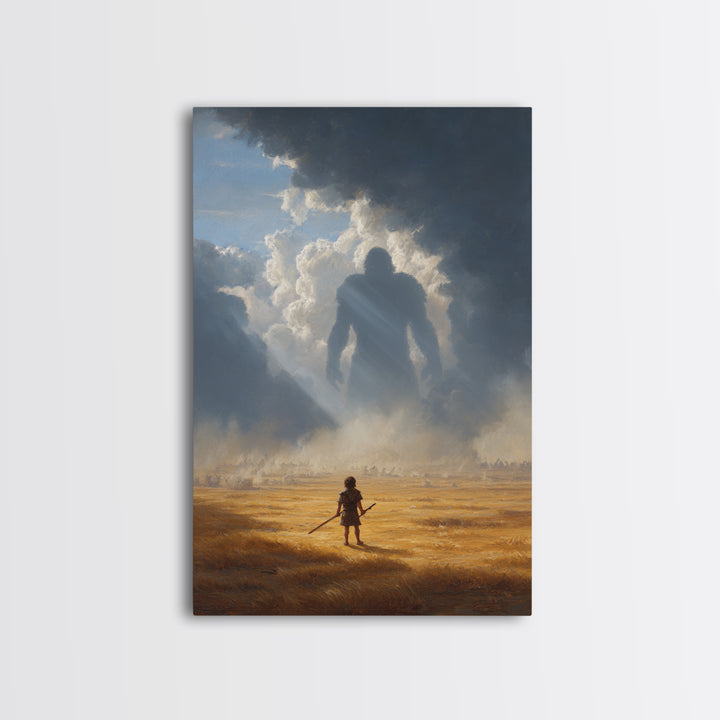 Epic Battle Scene With Warrior Facing Giant Shadow In Dramatic Landscape Wall Art Canvas Print