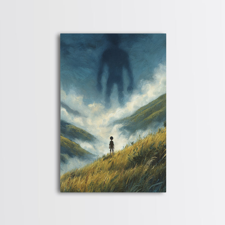 Misty Valley With Lone Boy Facing Giant Shadow Figure Atmospheric Surreal Art Wall Art Canvas Print