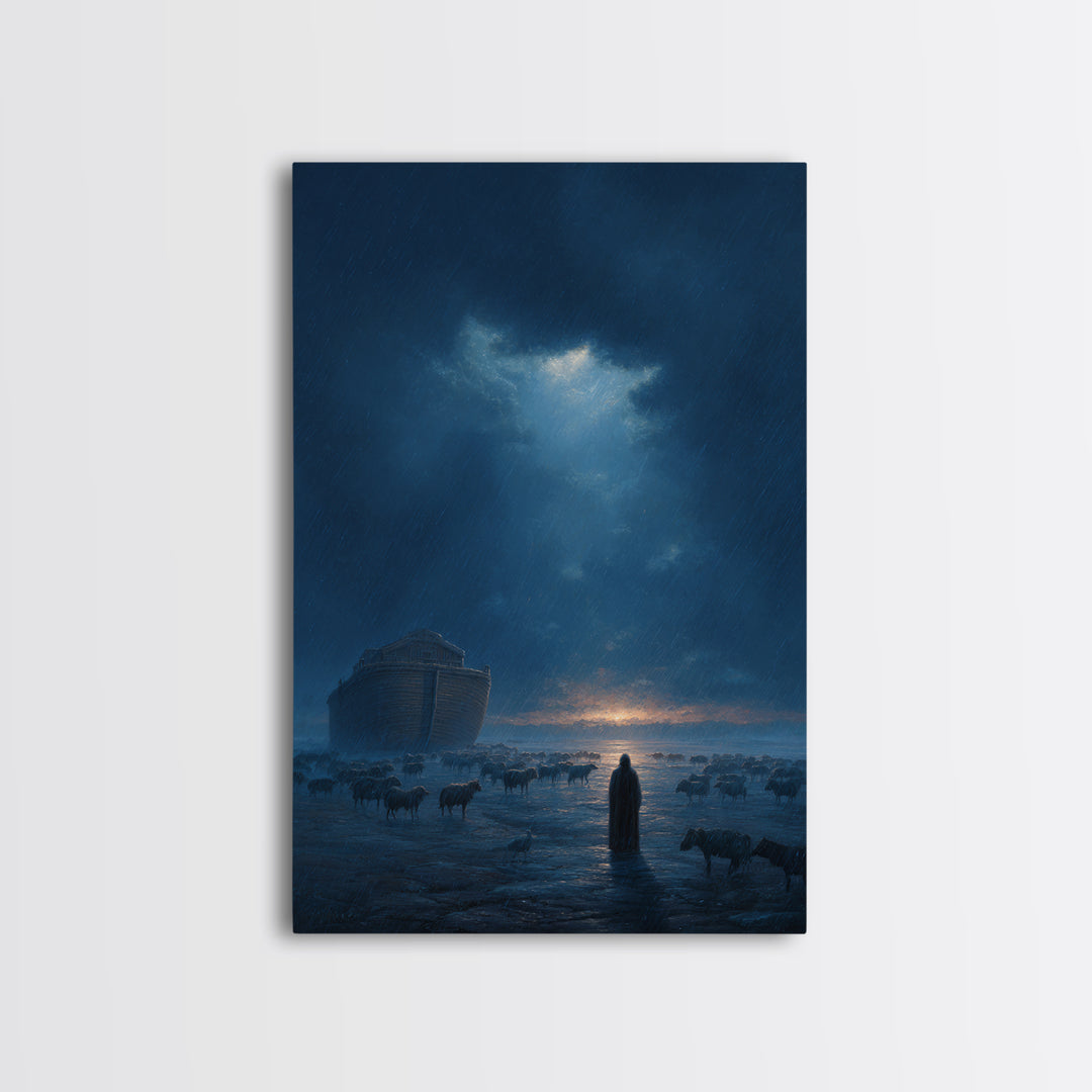 Dramatic Rainy Night With Ark And Shepherd Surrounded By Sheep Wall Art Framed Canvas Print For Home Decor