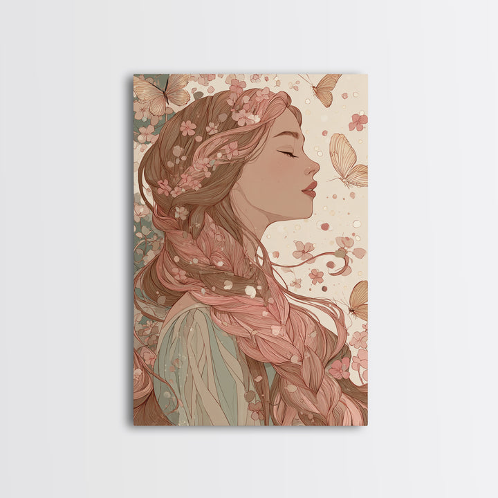Art Nouveau Woman With Butterflies Framed Canvas Print, Feminine Wall Art, Floral Portrait, Romantic Bedroom Decor, Gift For Her