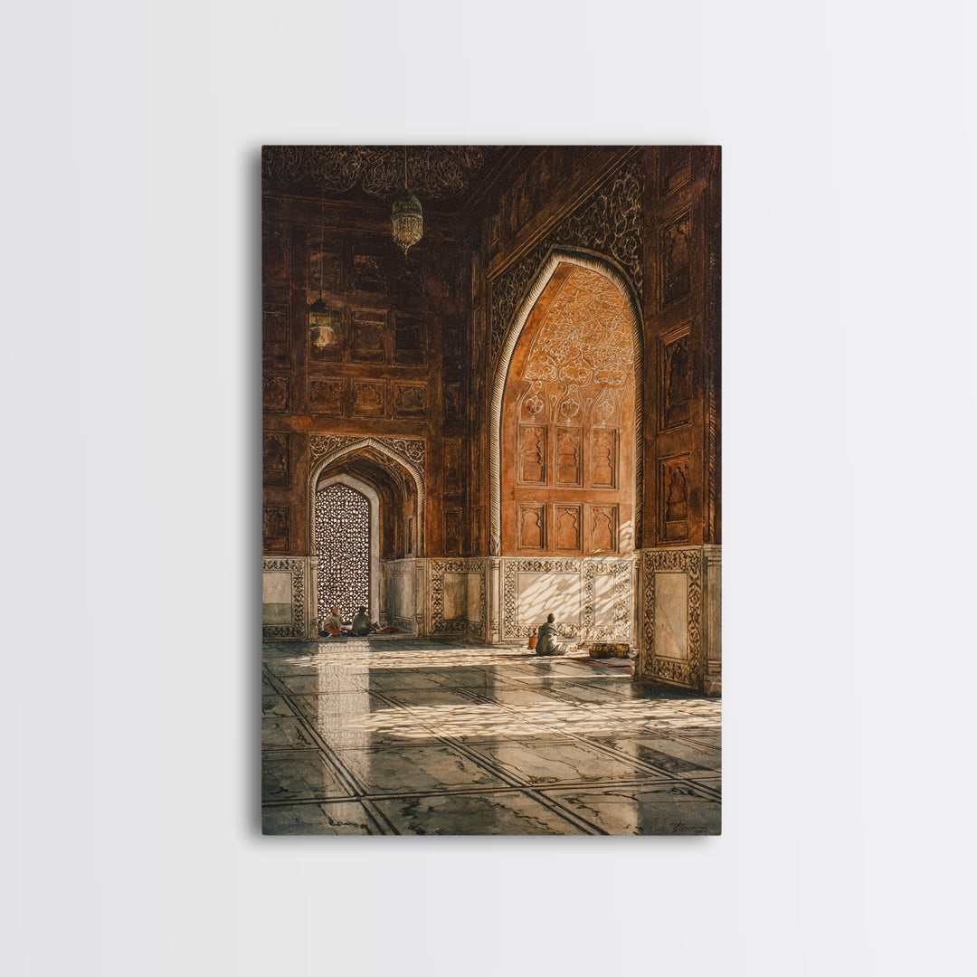 Sunlit Mosque Interior Painting With Intricate Archways Canvas Print Wall Art For Islamic Decor And Spiritual Ambiance