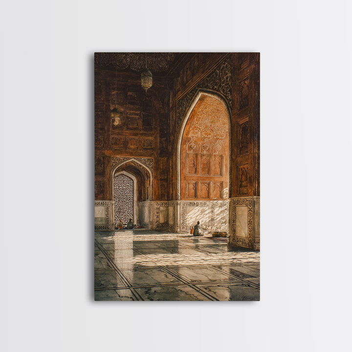 Sunlit Mosque Interior Painting With Intricate Archways Canvas Print Wall Art For Islamic Decor And Spiritual Ambiance