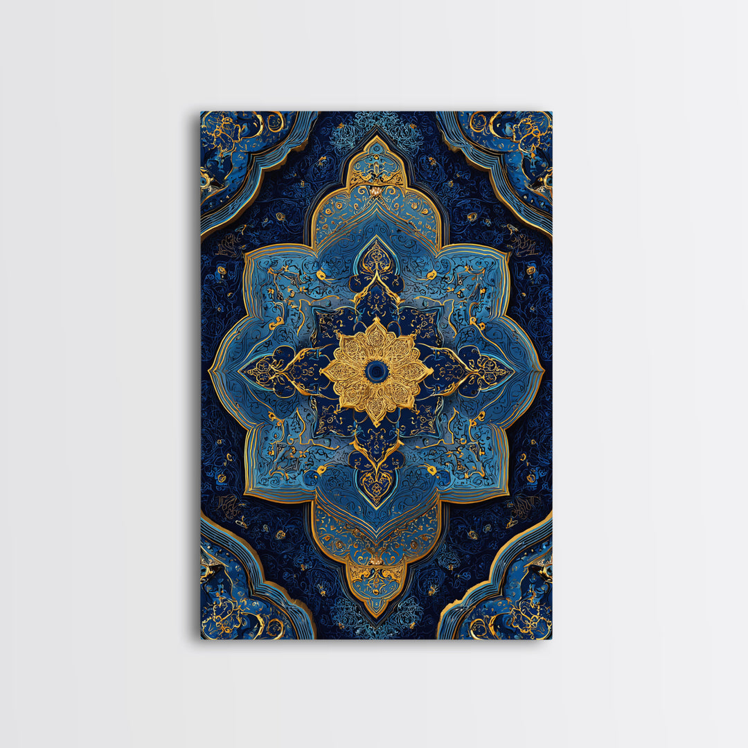 Luxurious Blue And Gold Ornate Mandala Pattern Modern Wall Decor Framed Canvas Print For Elegant Spaces