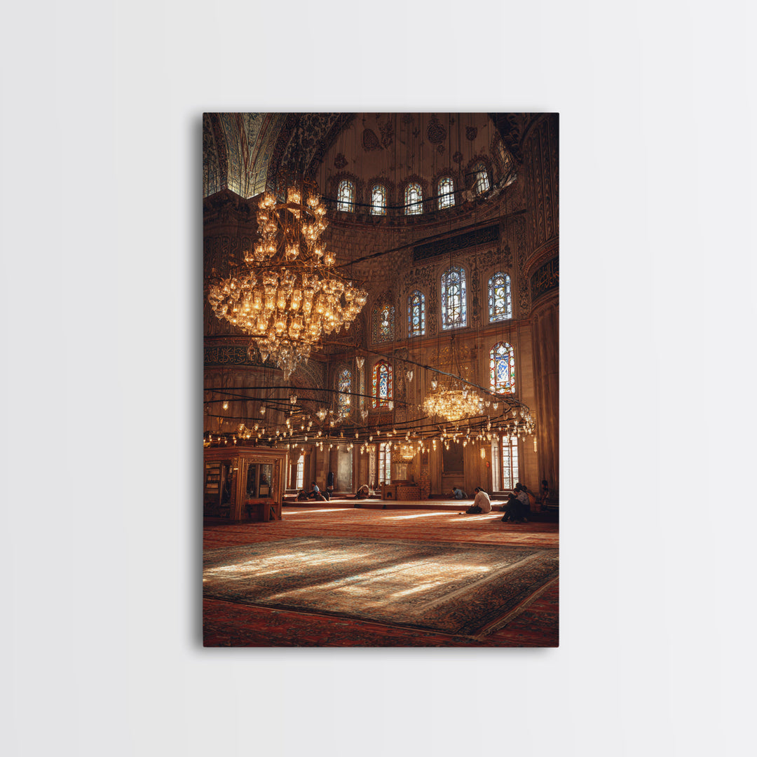 Beautiful Large Chandelier Lightning Historic Mosque Interior - Fine Art Wall Art Framed Canvas Print For Spiritual Spaces