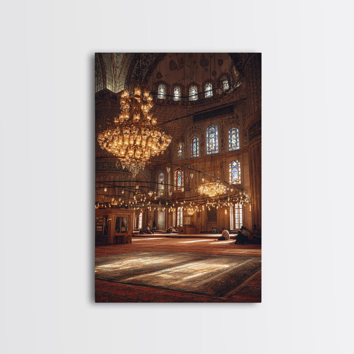 Beautiful Large Chandelier Lightning Historic Mosque Interior - Fine Art Wall Art Framed Canvas Print For Spiritual Spaces
