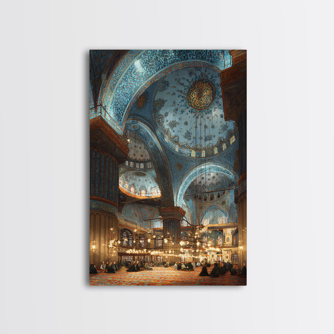 Intricate Islamic Blue Mosque Interior Wall Art Framed Canvas Print Religious Home Decor Spiritual Art Print