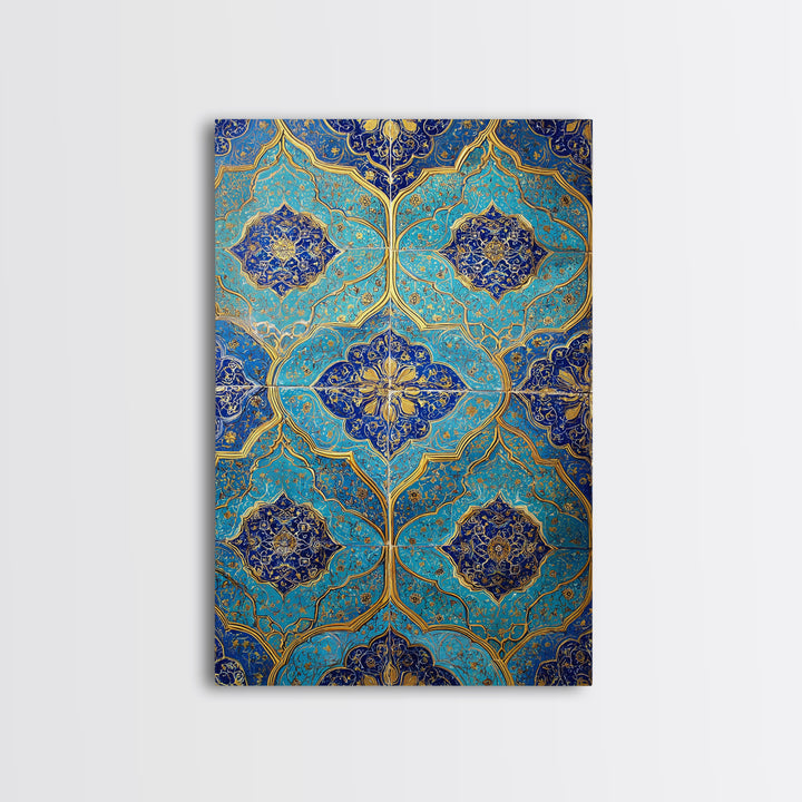 Intricate Blue And Gold Islamic Tile Pattern Wall Art Photography Print For Home Decor