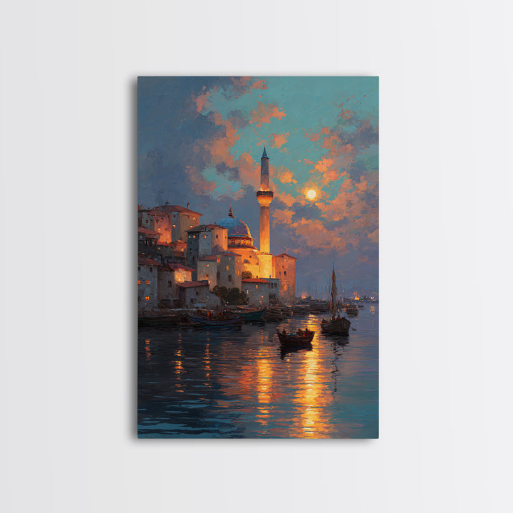 Golden Hour Coastal Landscape With Sword In Beach Sand Dramatic Sunset Painting Canvas Print For Unique Home Decor Wall Art