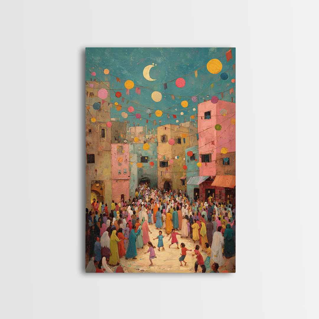 Colorful Festive Middle Eastern Street Scene With Moon And Lanterns Wall Art Framed Canvas Print