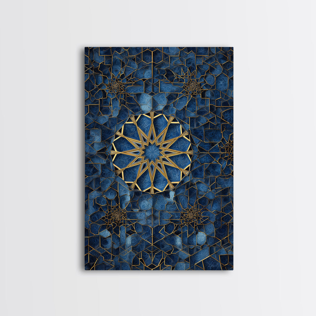 Intricate Blue And Gold Islamic Geometric Wall Art Framed Canvas Print Perfect For Modern Home Decor And Spiritual Spaces