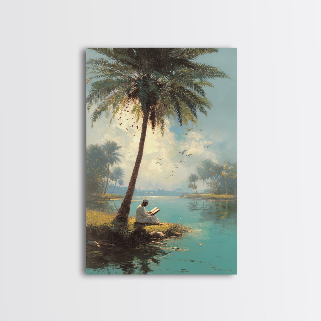 Serene Middle Eastern Landscape With Man Reading By Palm Tree Vintage Style Painting Wall Art Canvas Print