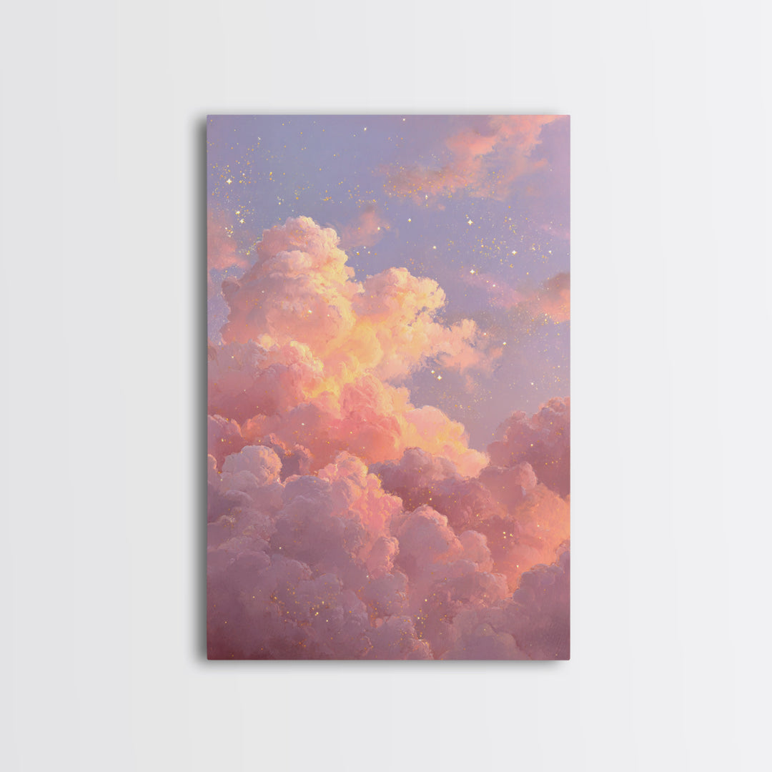 Dreamy Pink Clouds And Starry Sky Canvas Print, Celestial Wall Art, Pastel Nursery Decor, Whimsical Bedroom Art, Gift For Her