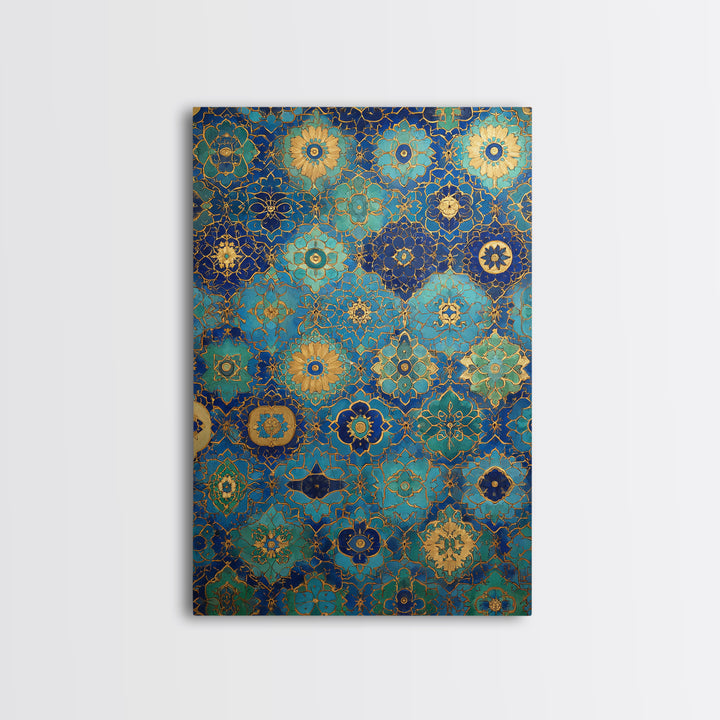 Blue And Gold Islamic Geometric Tile Art Elegant Framed Canvas Print For Traditional Home Decor Or Thoughtful Gift