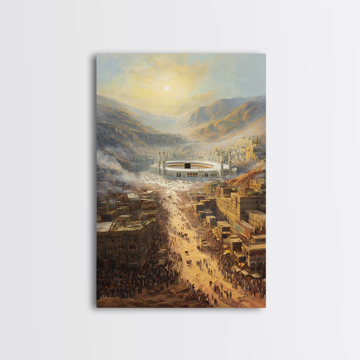 Sunrise Over Crowded Ancient Cityscape With Mountains And Kaaba - Wall Art Framed Canvas Print For Home Decor