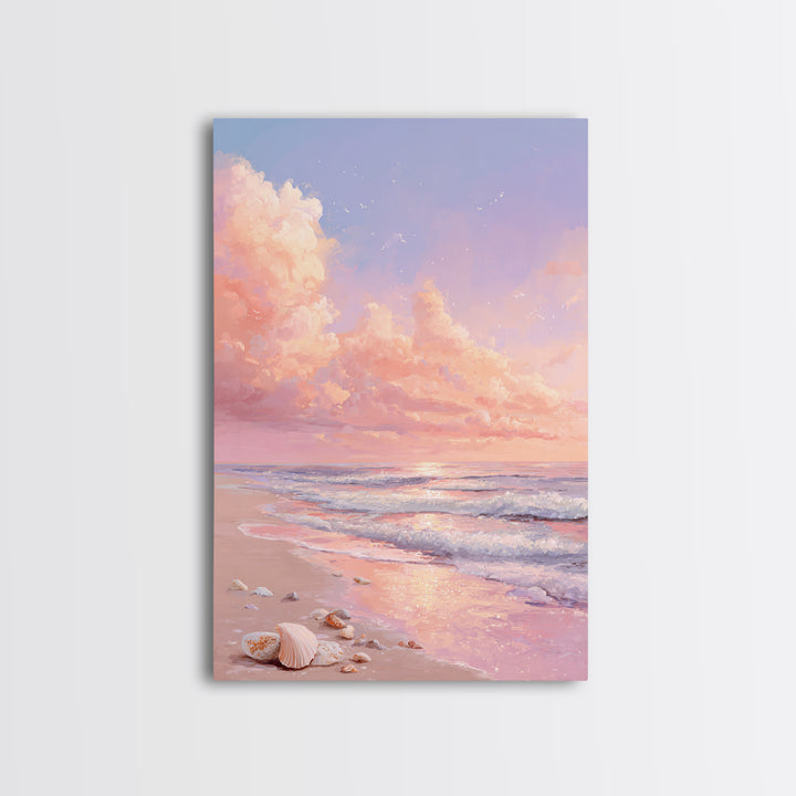 Pastel Ocean Sunrise With Seashells Canvas Print, Coastal Wall Art, Beach House Decor, Seascape Painting, Gift For Her, Home Decor