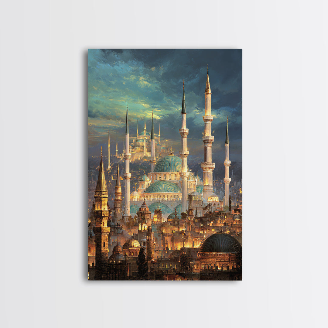 Elegant Cityscape Painting Of Historic Minarets And Domes With Glowing Lights At Dusk Wall Art Canvas Print