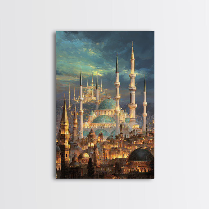 Elegant Cityscape Painting Of Historic Minarets And Domes With Glowing Lights At Dusk Wall Art Canvas Print