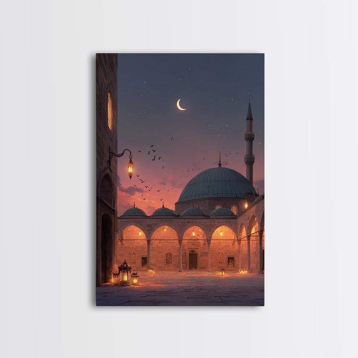 Magical Mosque Courtyard At Dusk With Lanterns And Crescent Moon Vibrant Islamic Wall Art Framed Canvas Print