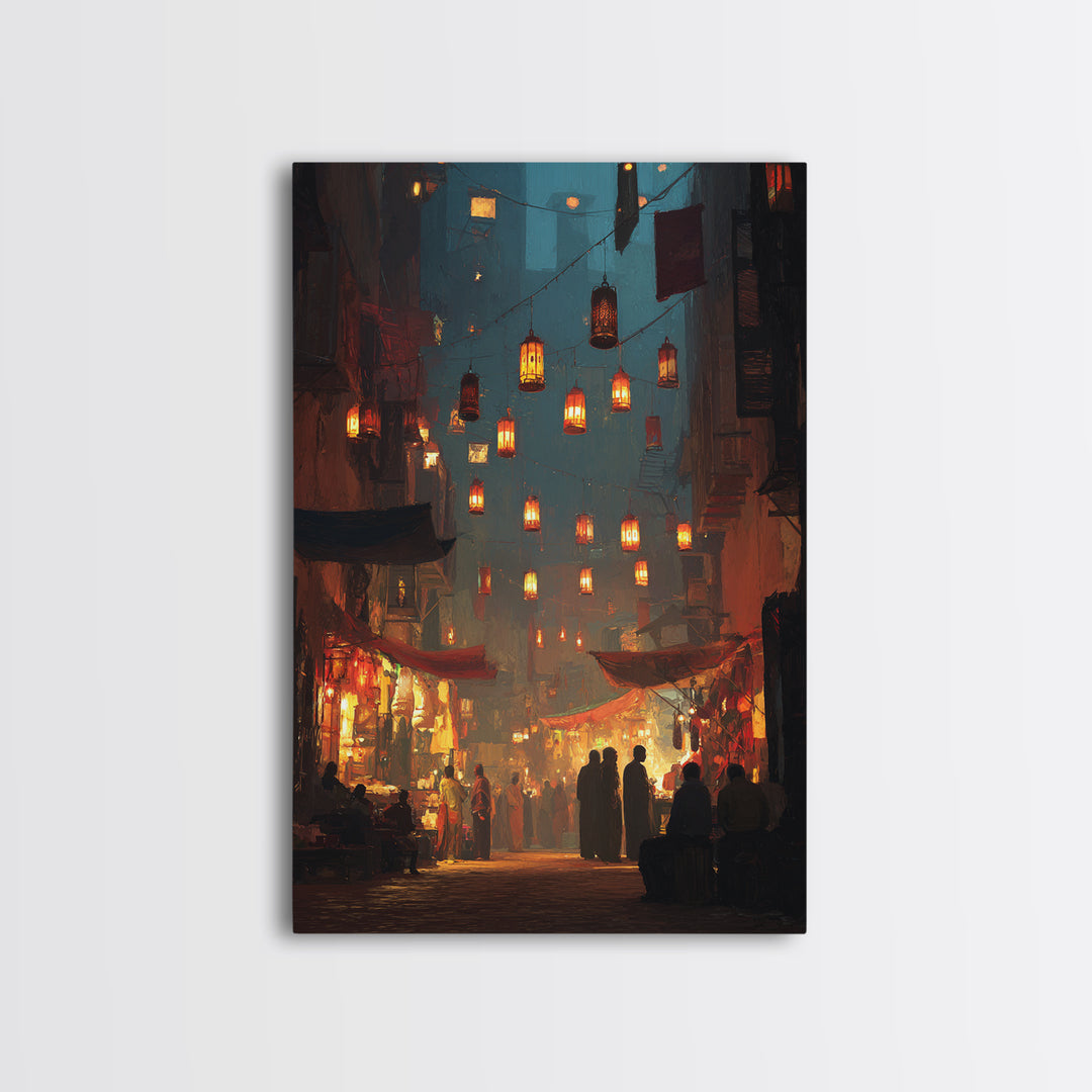 Vibrant Night Market Scene Oil Painting Wall Art Canvas Print For Living Room Decor And Boho Home