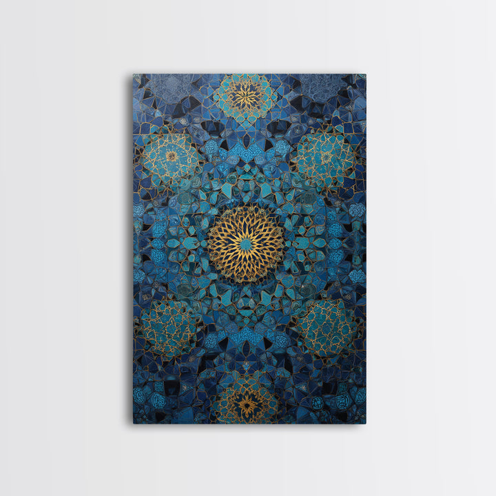 Intricate Blue And Gold Islamic Geometric Pattern Wall Art Framed Canvas Print For Modern Home Decor