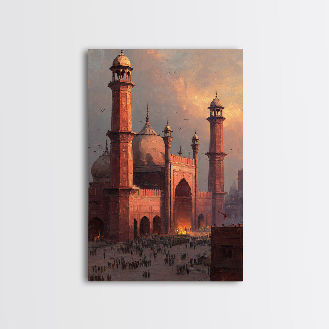Historic Red Mosque Sunset Scene With Crowds And Birds Captured In Beautiful Oil Painting Wall Art